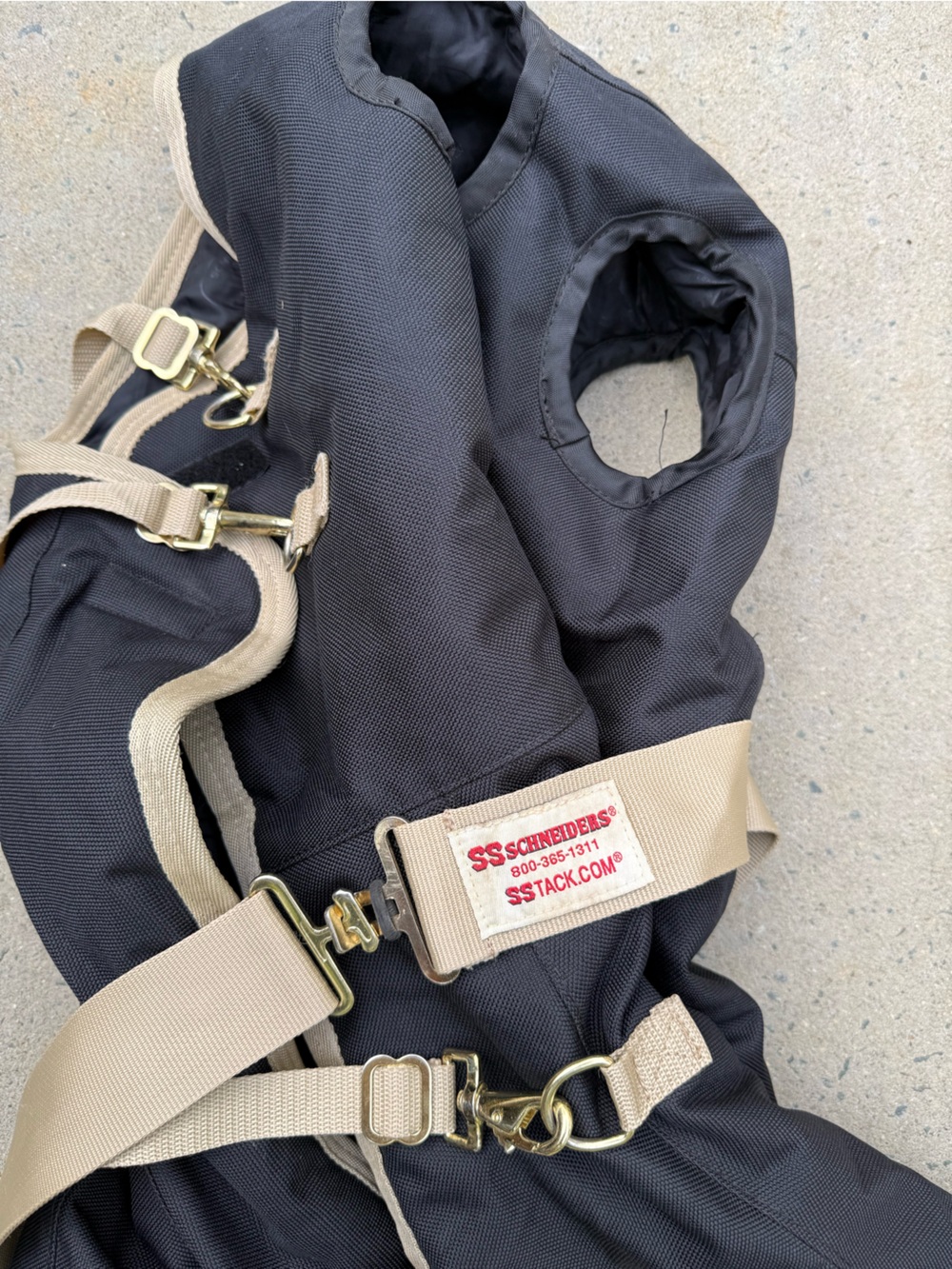 Schneider turnout fabric Black horse HOOD with Tan Straps and Gold Hardware M